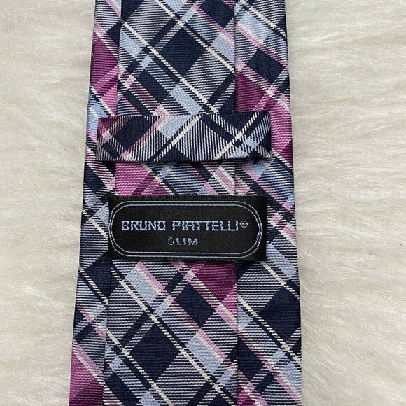Bruno Pirttelli Men's Silk Neck Tie Purple Blue White Plaid - Picture 8 of 8
